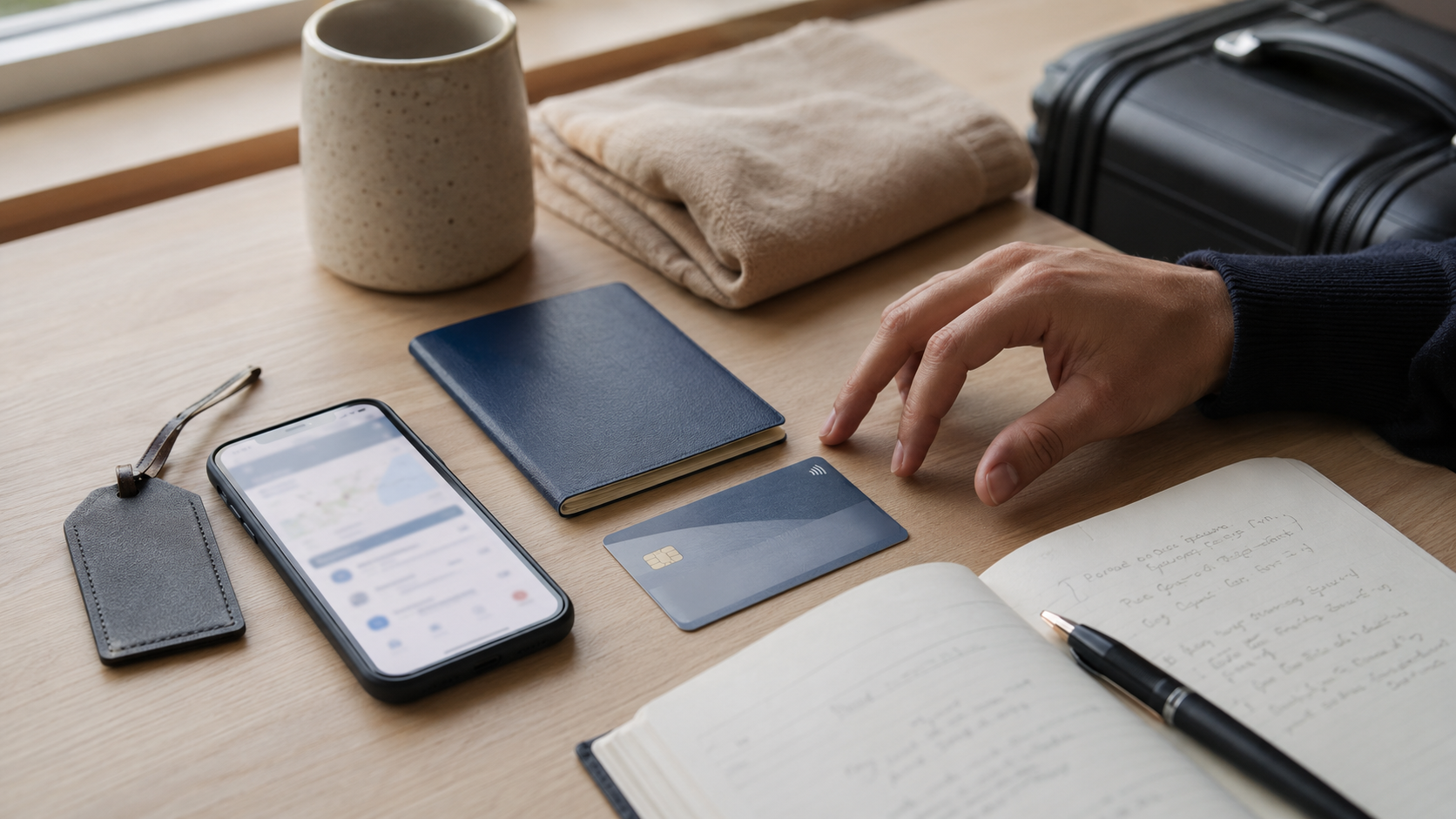 Person planning international phone data for a trip, with a smartphone, passport, credit card, luggage tag, and notebook on a desk.
