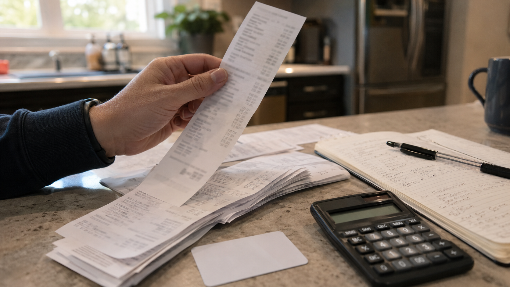 Warehouse store receipts and a calculator on a kitchen counter, comparing Costco Executive and Gold Star membership costs