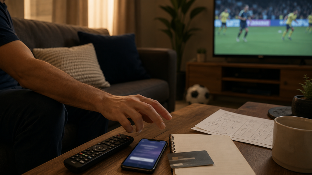 Person deciding whether to pay for a World Cup streaming subscription, with a TV remote, phone, credit card, and match notes on a living room coffee table while a soccer game plays in the background.