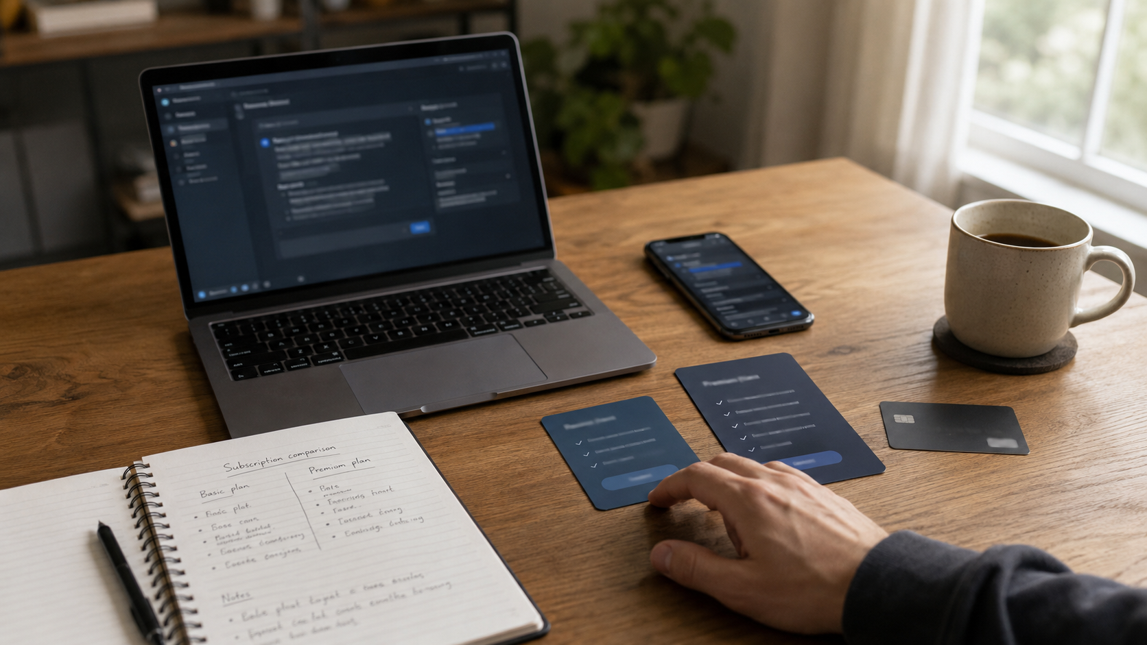 Person comparing a lower-cost and premium AI subscription at a home office desk, with a laptop, phone, notebook, and credit card beside two plan cards.