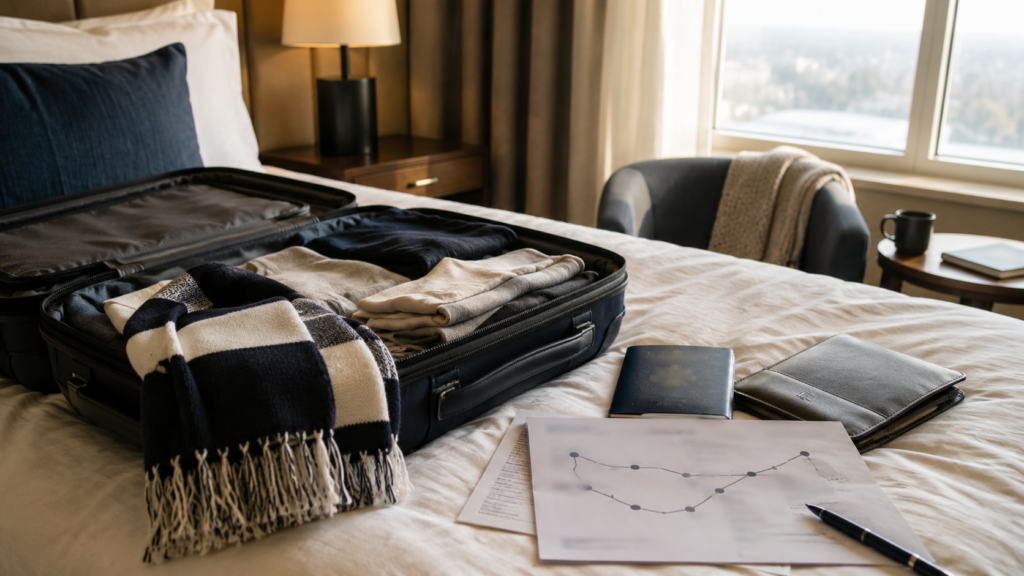 Open suitcase with travel documents for a multi-city World Cup route.