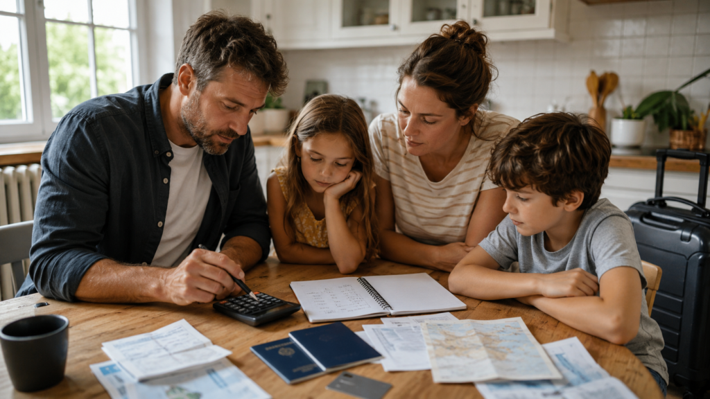 Family travel budgeting scene comparing roaming costs before a World Cup trip.