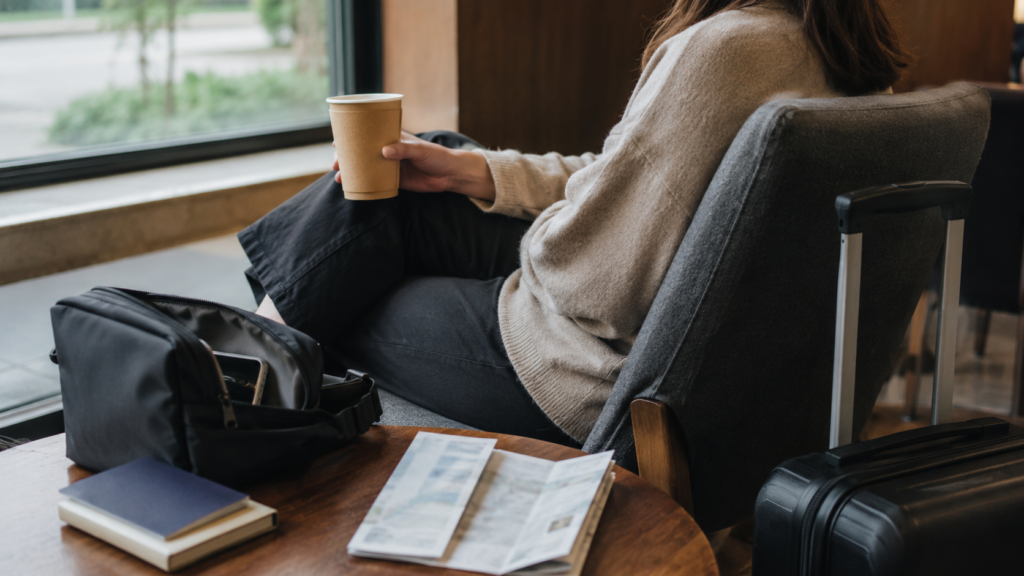 Traveler in a café with passport and carry-on using a simple roaming setup.