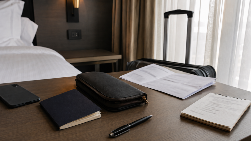 Traveler organizing documents after checking roaming settings before match day.