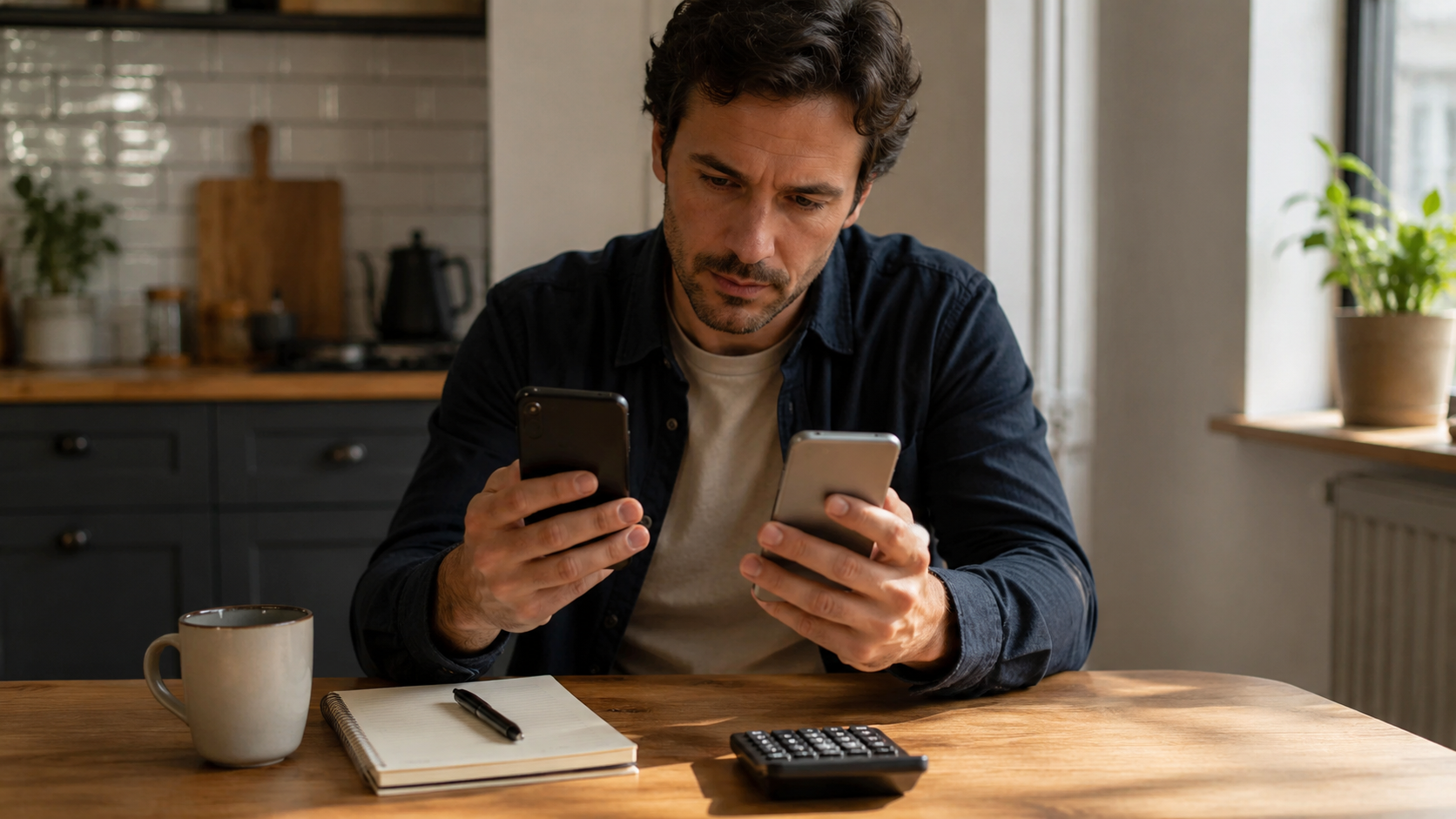 Person comparing two phone plans with a calculator at a kitchen table