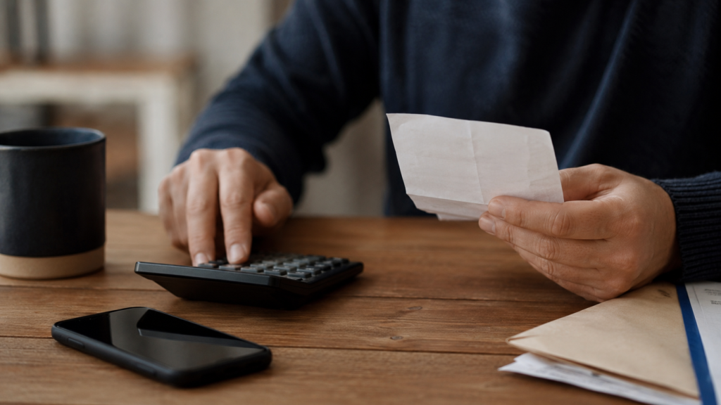 Hands checking a monthly phone bill with a calculator on a wooden desk