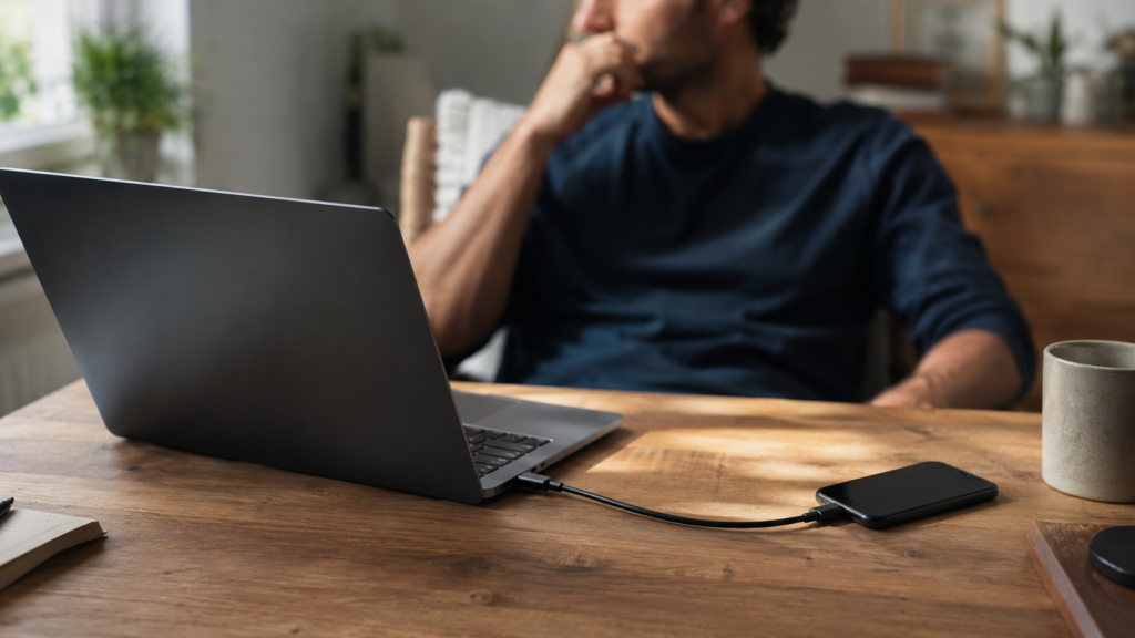 Laptop connected to a phone hotspot in a home workspace