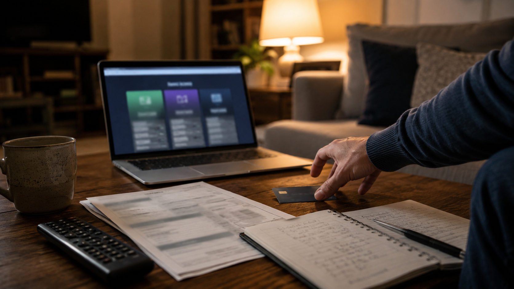 Person holding a TV remote and a credit card next to a paper TV bill and a laptop, deciding whether to keep DIRECTV or switch after the June 2026 price increase