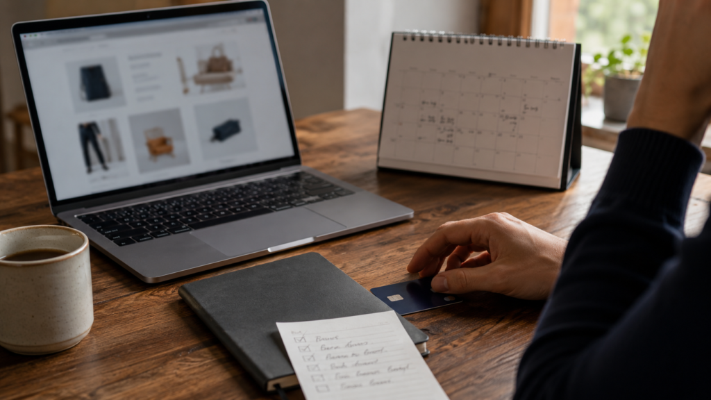A person at a home desk compares whether to join Amazon Prime for one sale, with a blurred shopping page, a calendar, a credit card, and a handwritten checklist nearby.