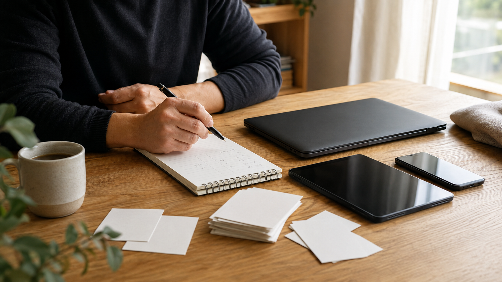 Person hesitating over a notebook while comparing protection costs for three unbranded tech devices.