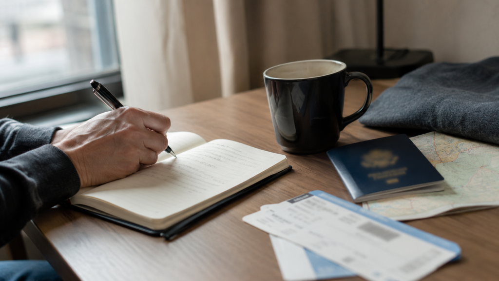 A person weighing airport fast-lane costs at a desk with a passport and boarding pass nearby