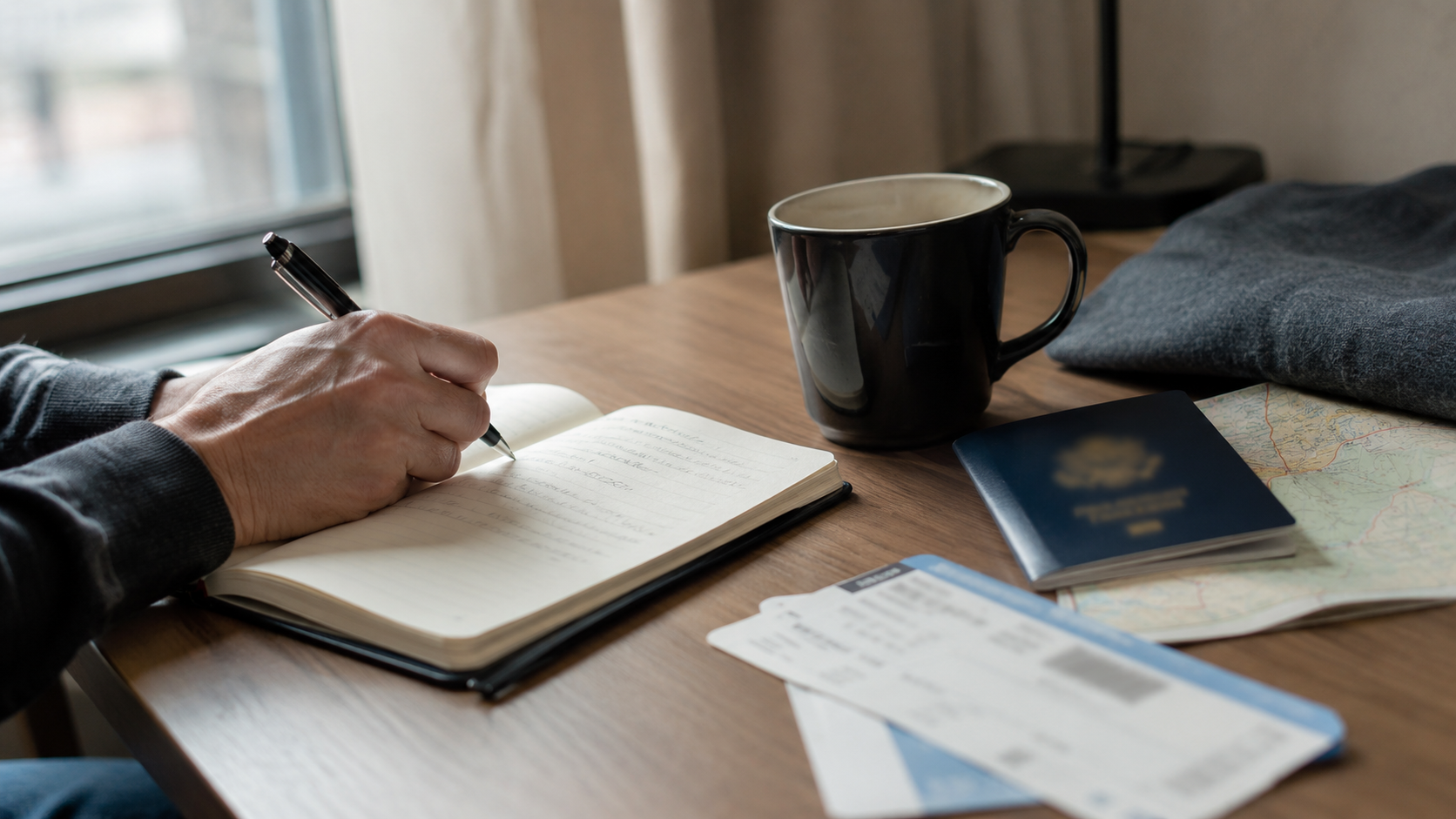 A person weighing airport fast-lane costs at a desk with a passport and boarding pass nearby