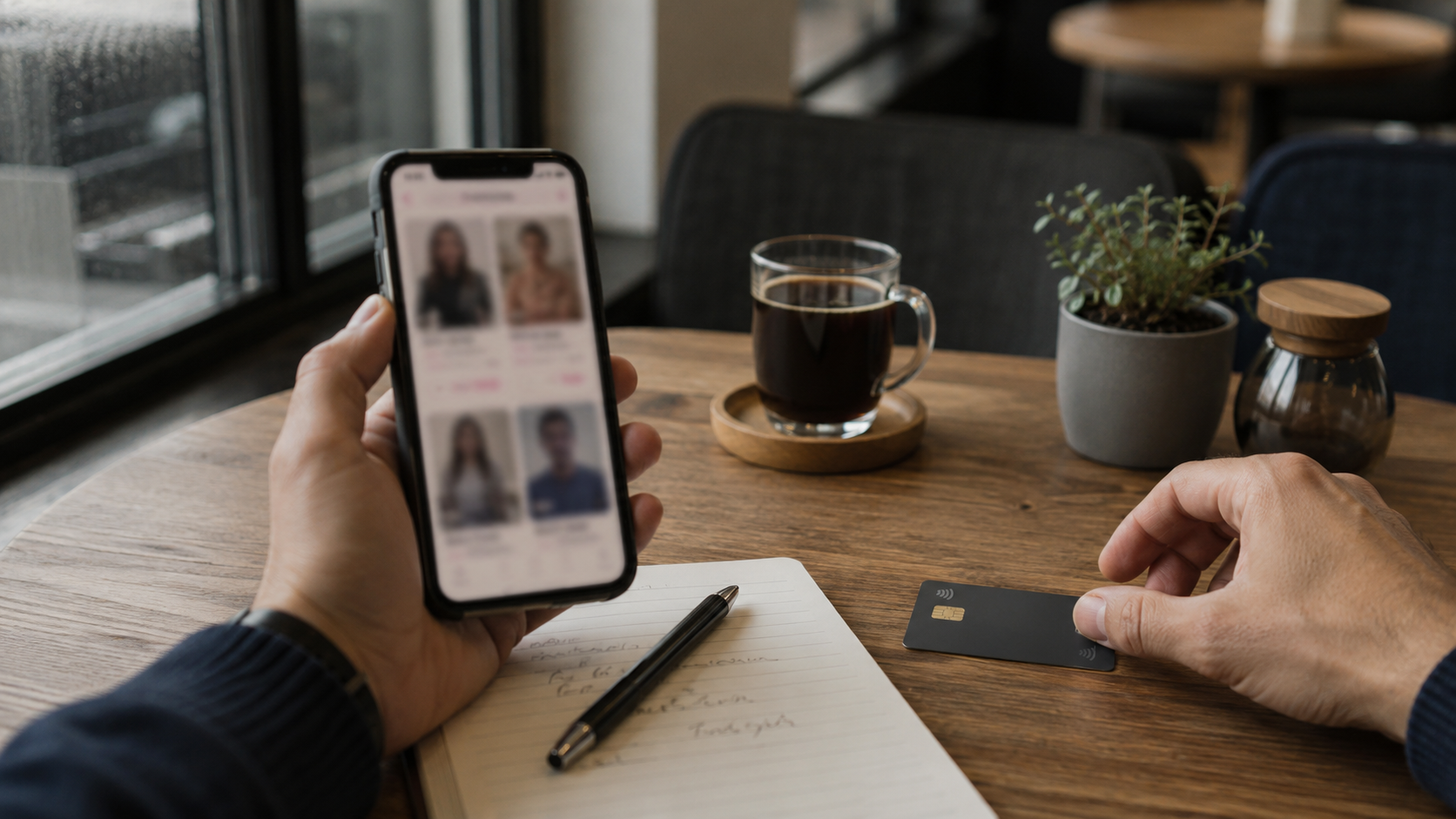 **Alt text:** Person comparing a dating app premium subscription on a phone with a credit card and notebook before deciding whether to pay.