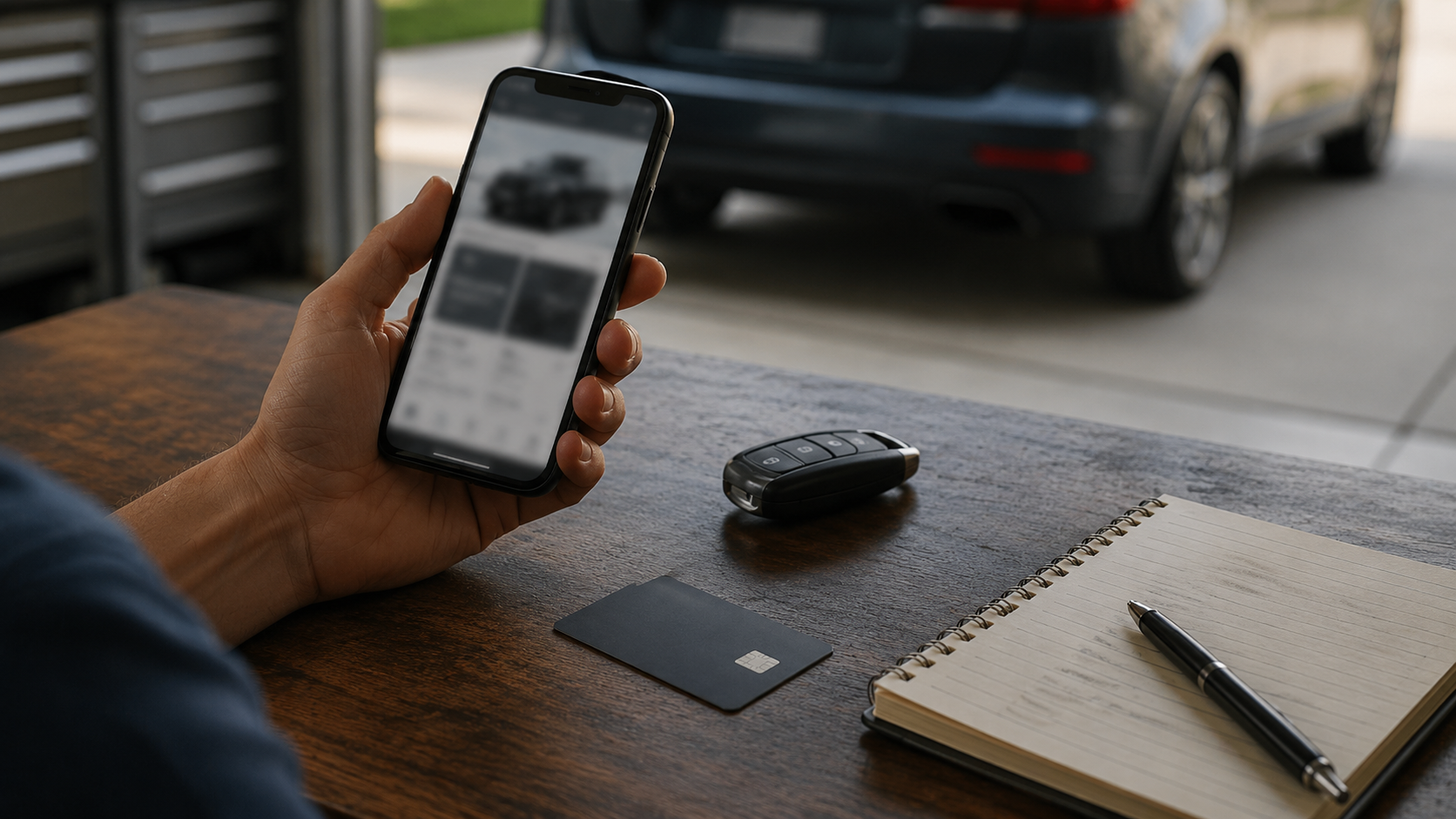 A driver reviews a blurred car app, key fob, and credit card while deciding whether connected car subscription fees are worth paying.