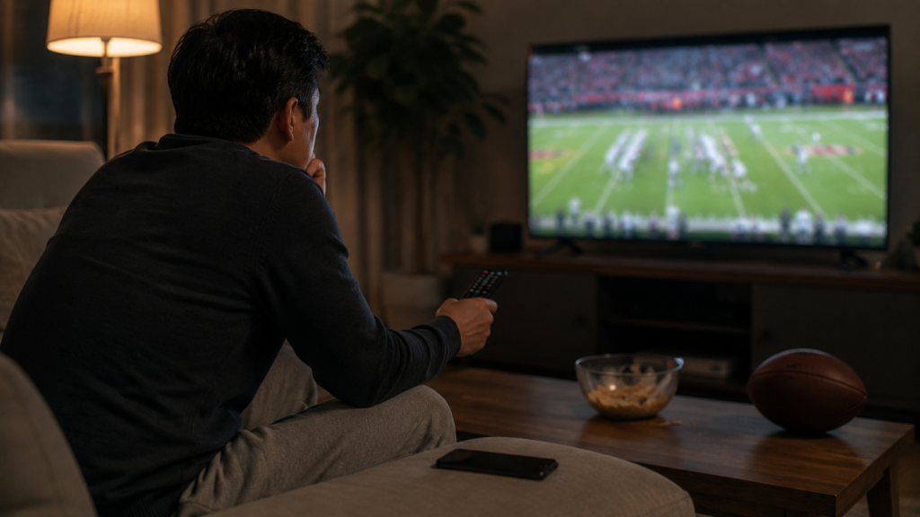 A person pauses on a sofa with a remote while deciding whether an expensive football streaming renewal is still worth paying for.