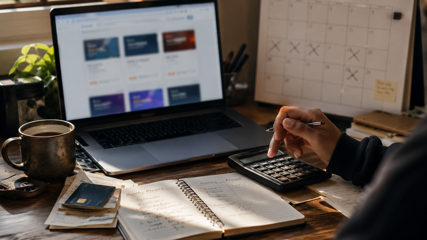 Person comparing monthly and annual subscription costs at a home desk with a laptop, calculator, notebook, calendar, and credit card.