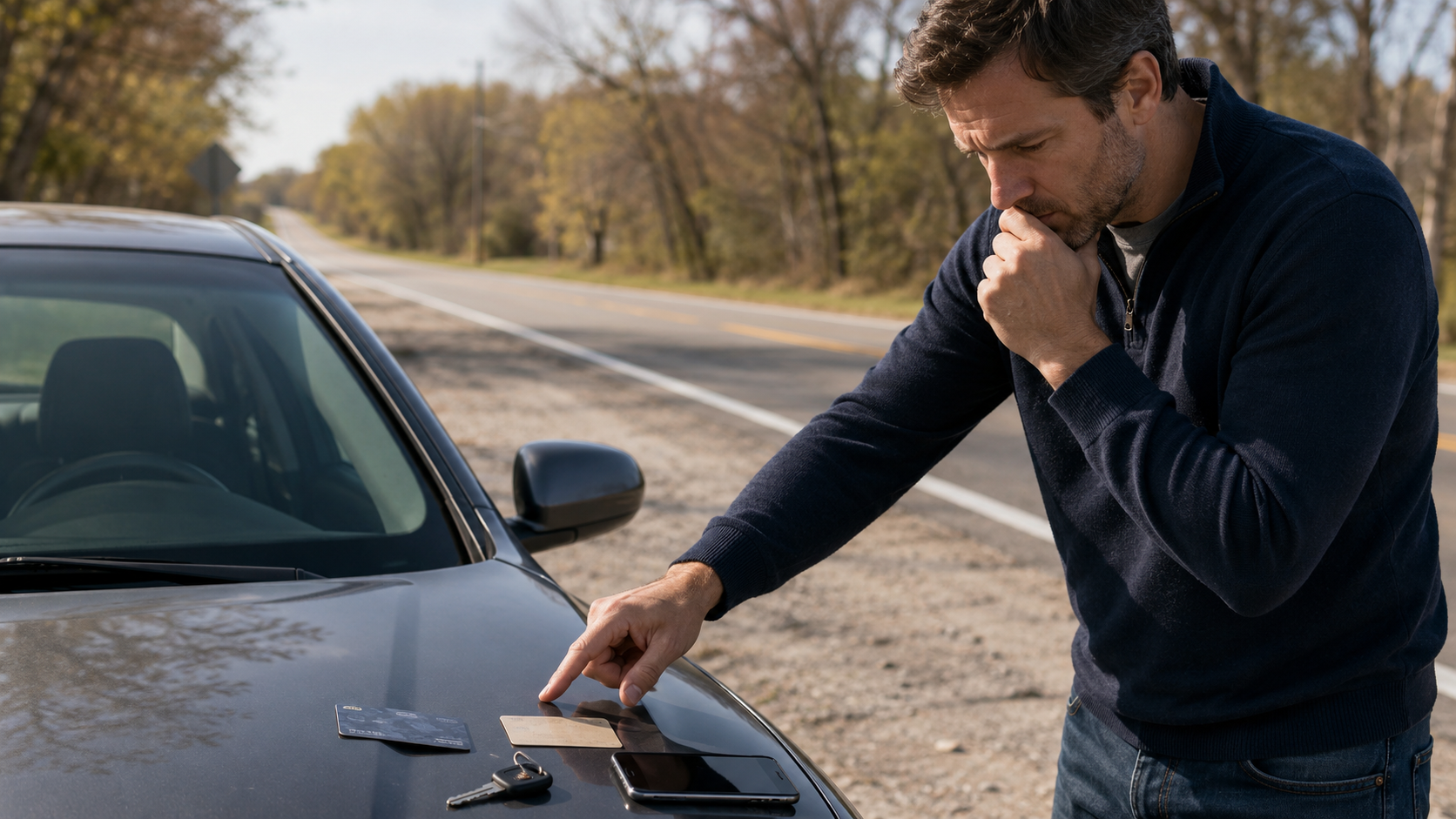 Person choosing between a plain credit card and an unbranded roadside assistance membership card on the hood of a parked car during a roadside breakdown.