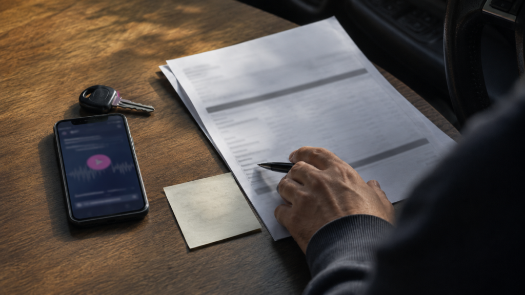 A person checking a blurred audio subscription renewal notice beside a car key and a credit card statement.