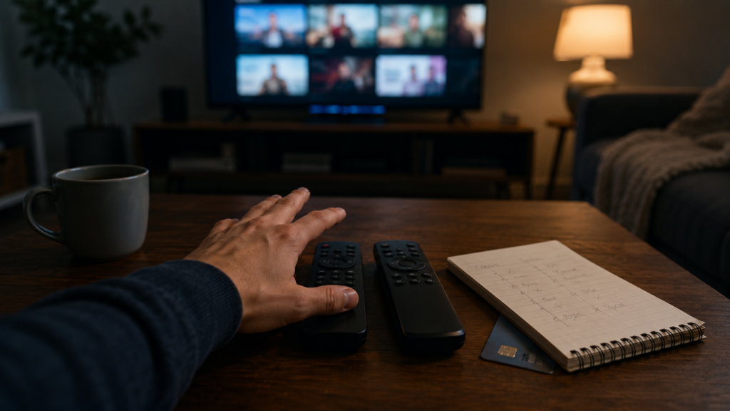 Person deciding which streaming service to keep, with two remotes, a notebook, and a credit card on a coffee table in a softly lit living room.