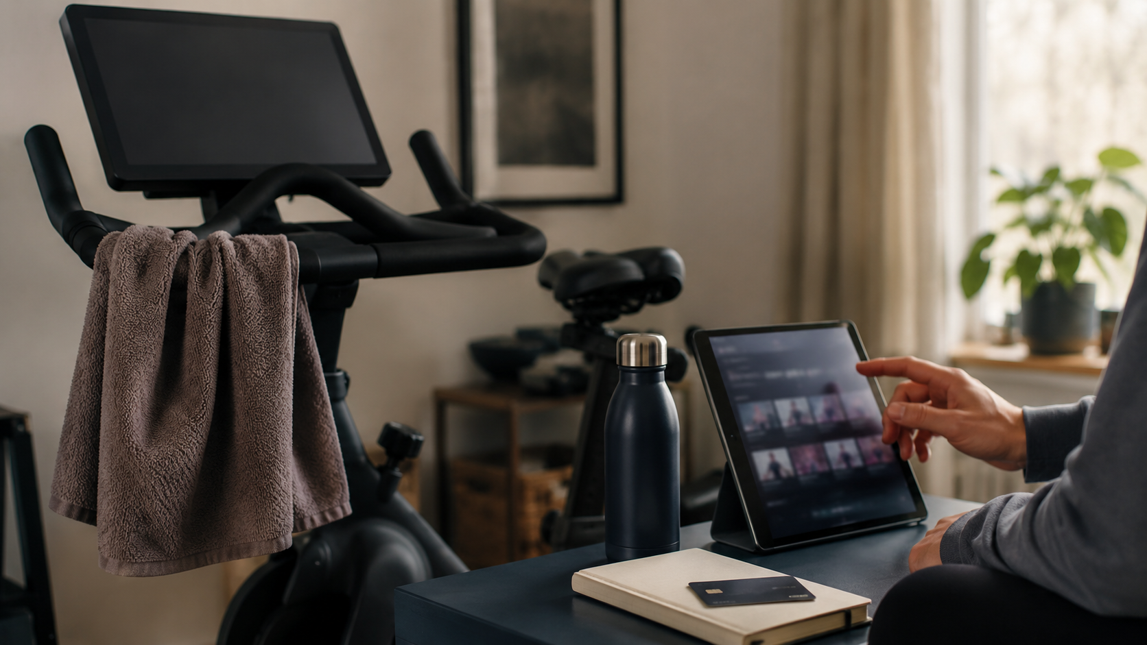 A person pausing beside a home exercise bike with a tablet, towel, notebook, and credit card while reviewing a fitness subscription.