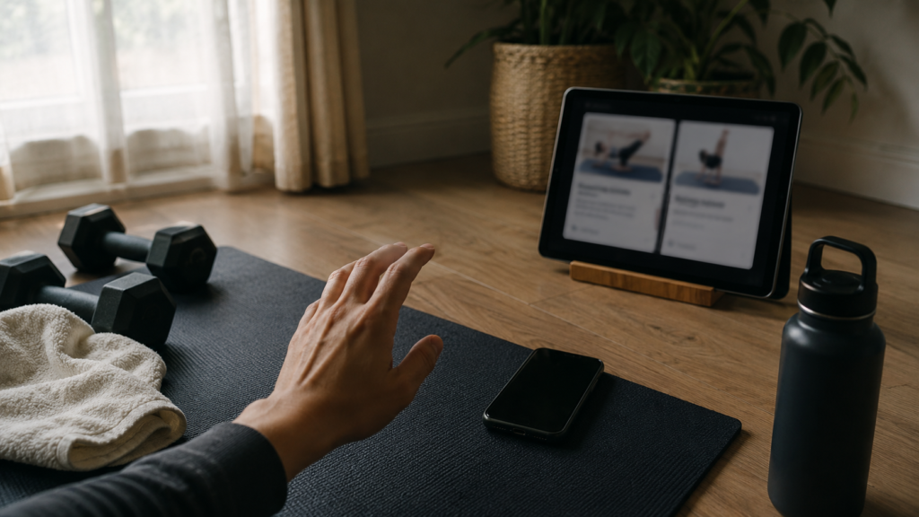 A home workout corner with a phone and tablet on a stand, a yoga mat, light dumbbells, and a water bottle, suggesting a choice between two workout subscriptions.