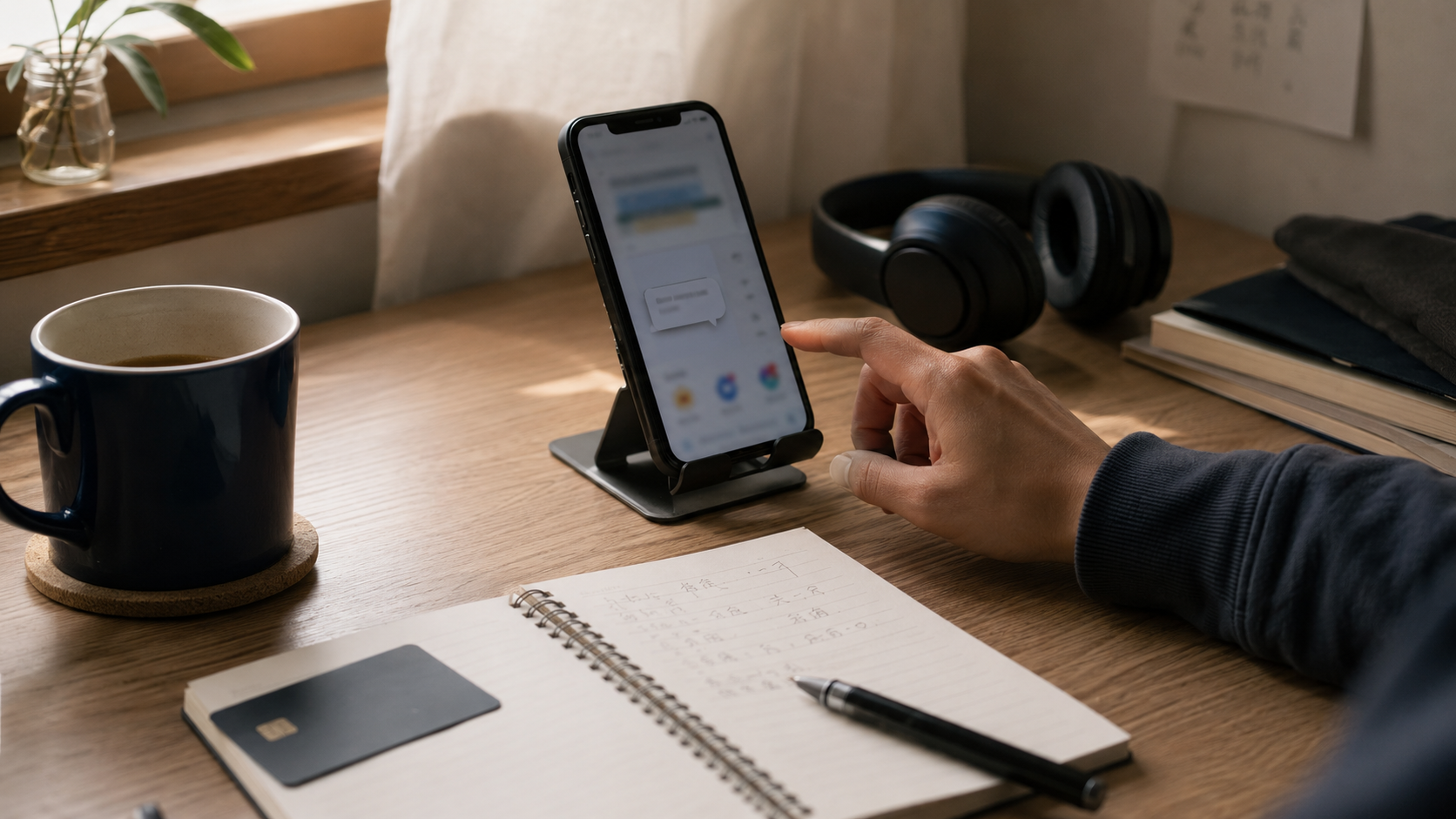 A language learning desk setup with a phone, notebook, headphones, and credit card, suggesting a choice between Duolingo Max and Super.