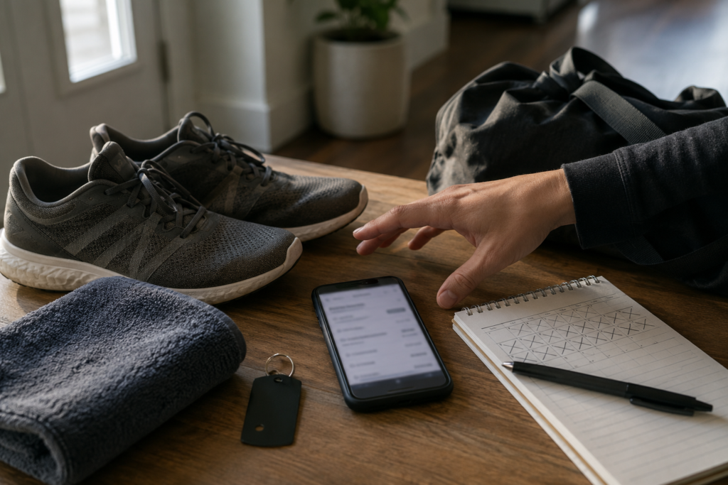 Person deciding whether to keep a gym membership beside sneakers, a blurred billing screen, and a workout visit tally.