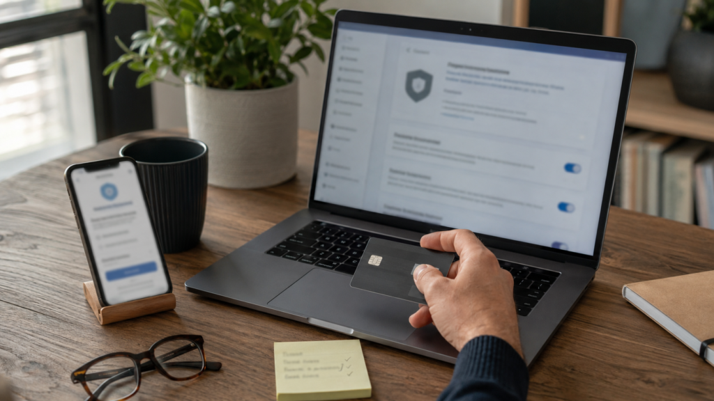 Person deciding whether to renew a paid antivirus subscription beside a laptop, phone, credit card, and device-check notes.