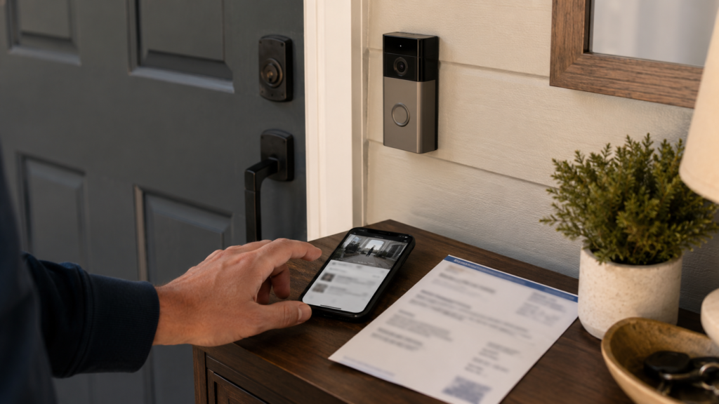 A video doorbell beside a front door with a blurred phone screen and subscription notice, suggesting a decision about whether a Ring camera needs a paid plan.
