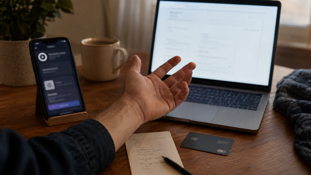 A smartphone and laptop on a desk showing blurred subscription screens, suggesting a decision between iPhone billing and web billing for YouTube Premium.