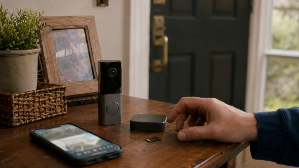 An unbranded video doorbell, local storage hub, microSD card, and blurred security camera app on an entryway table, showing a decision between cloud recording and local storage.