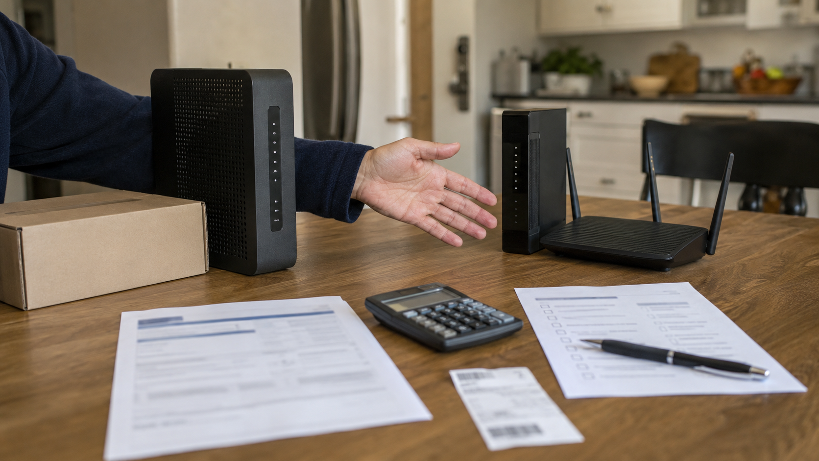 Person comparing a rented internet gateway with a separate modem and router beside a blurred bill, return box, calculator, and compatibility checklist.