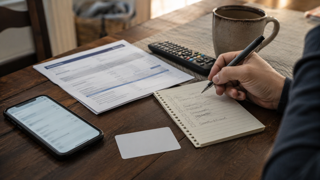 Person checking a phone plan benefits screen, membership card, credit card statement, TV remote, and streaming duplicate checklist on a kitchen table.