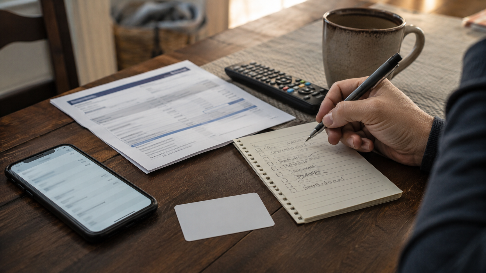 Person checking a phone plan benefits screen, membership card, credit card statement, TV remote, and streaming duplicate checklist on a kitchen table.