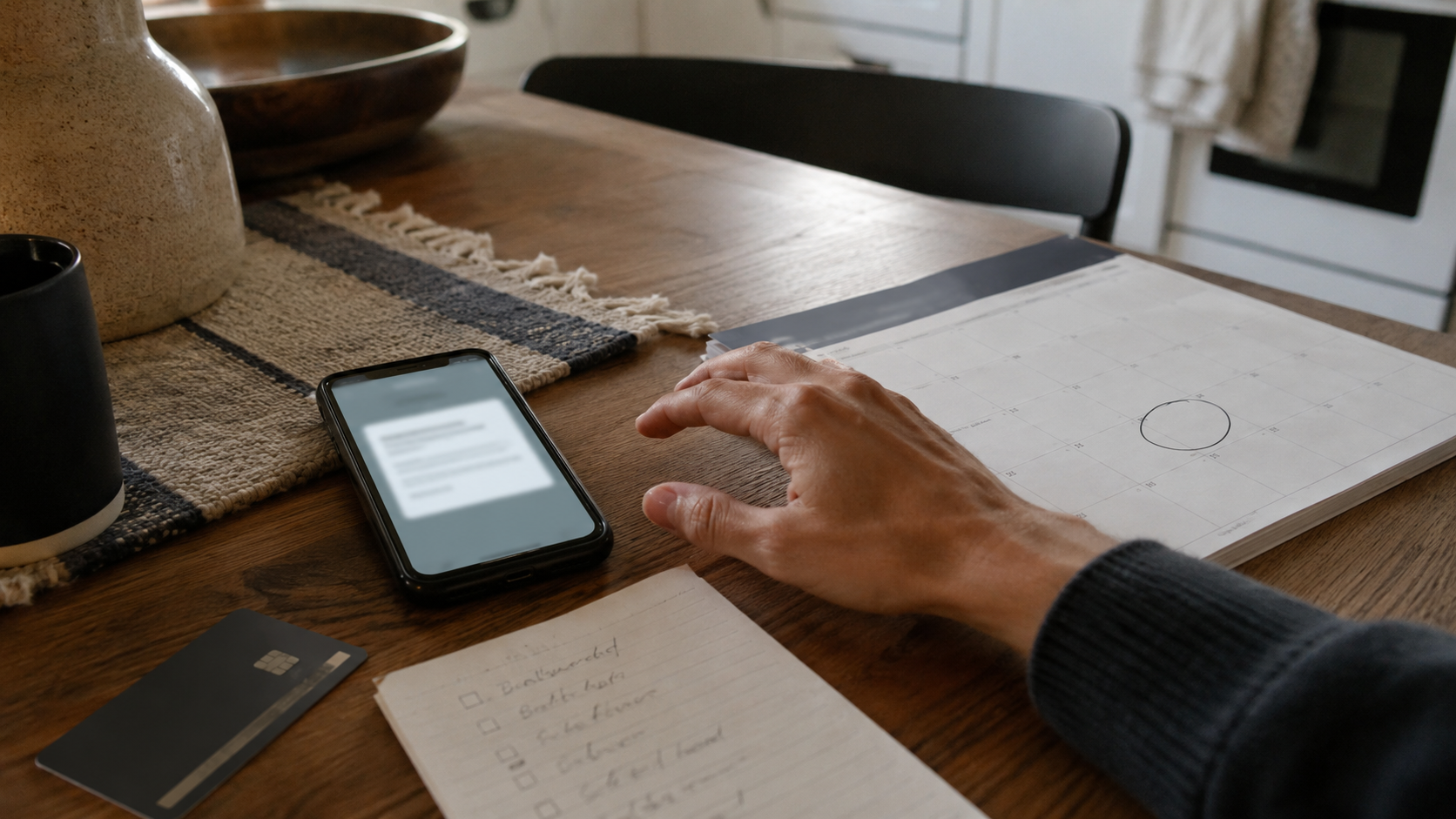 Person checking a blurred free trial reminder beside a credit card, calendar, and cancellation checklist.